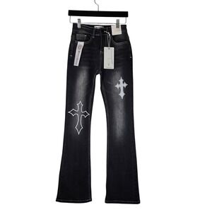 Bamboo Bootcut Jeans Black Faded Gothic Cross Patch Rayon Denim A1269-BK Size 1